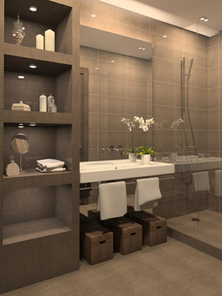 salle de bain moderne idée déco intérieur gris design évier fleurs blanches
