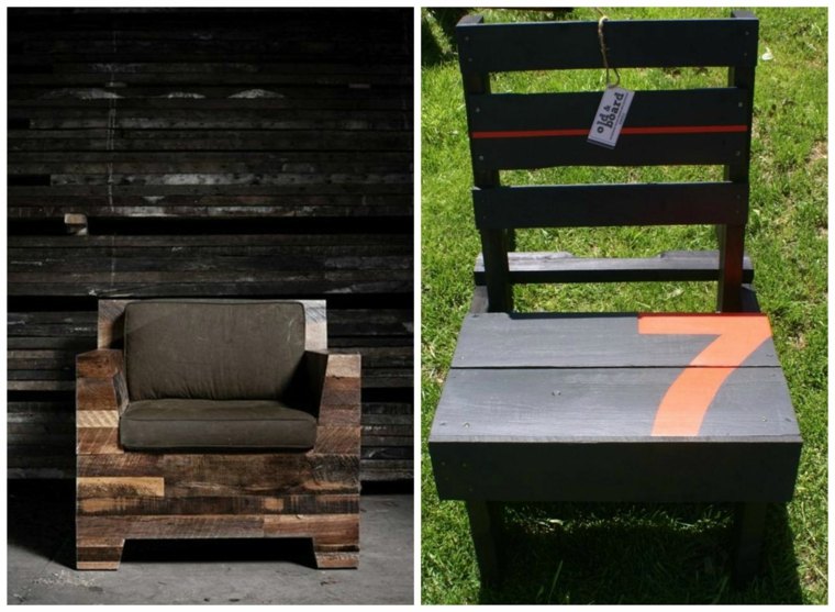 meuble en palette idée bricolage bois fauteuil coussins noirs 