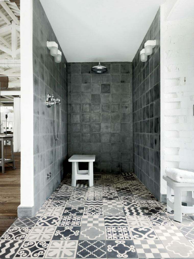 salle de bain moderne carrelage gris tabouret blanc idée cabine de douche italienne 