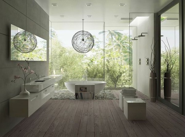 cabine douche idée originale baignoire parquet miroir salle de bain