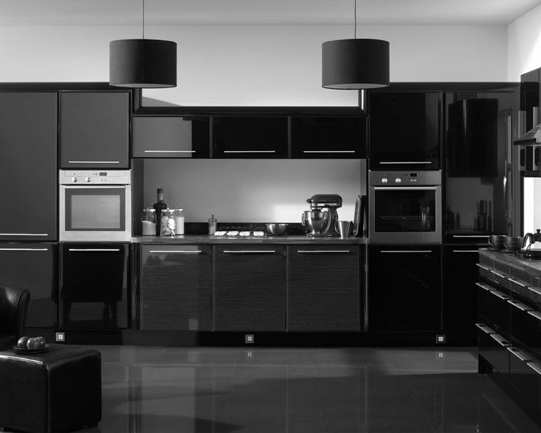 cuisine noire design éclairage parquet meuble moderne
