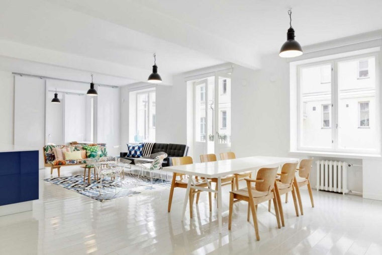 intérieur style minimaliste design luminaire suspension table blanche chaise bois