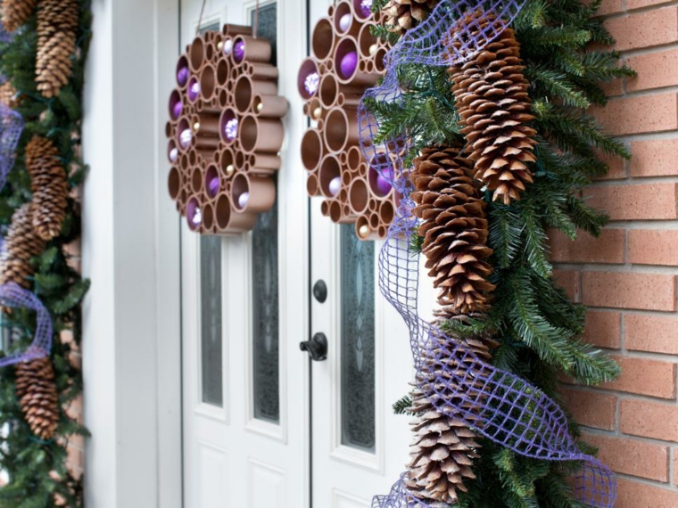 Décoration porte extérieure pomem de pin guirlande couronne automne
