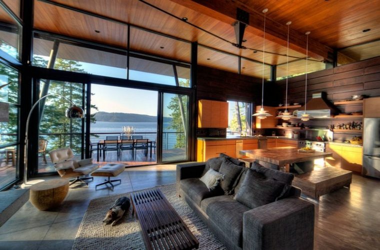 maison moderne canapé noir luminaire suspension tapis de sol gris bois design