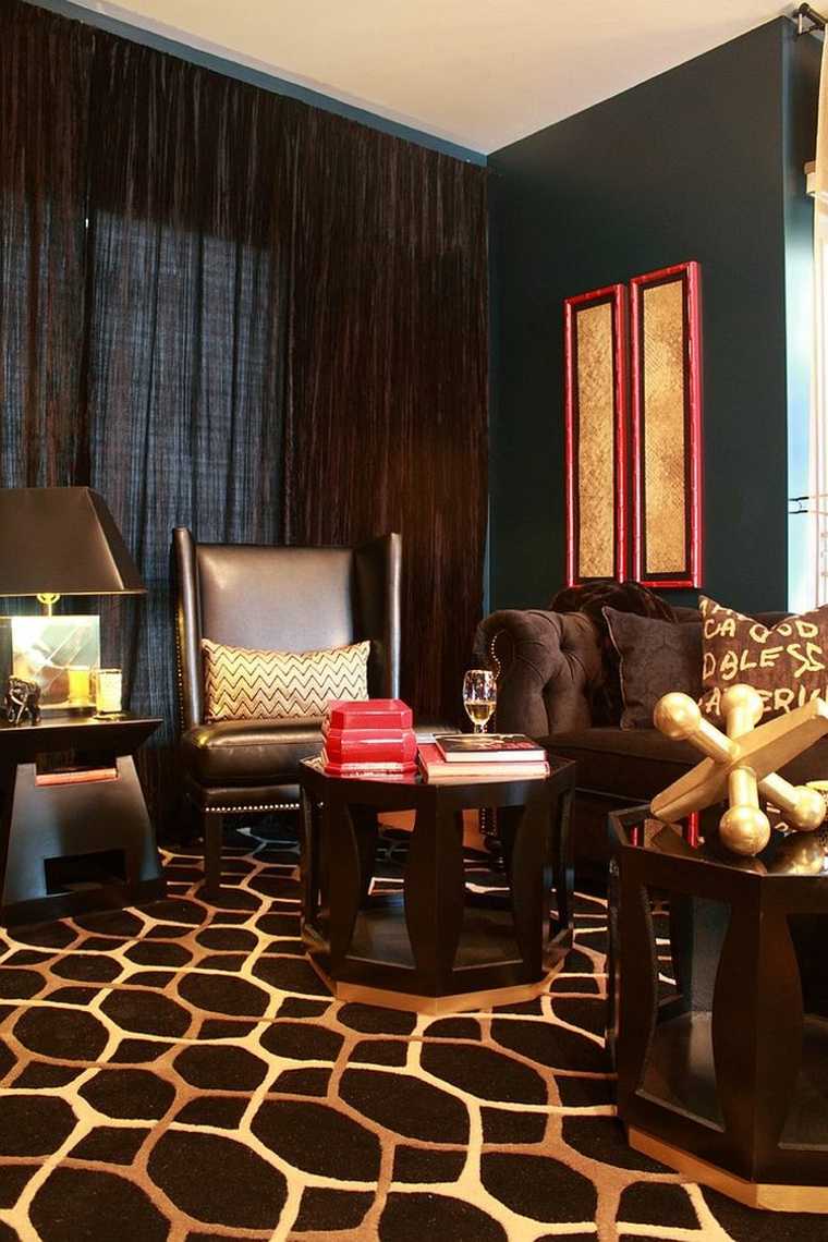 intérieur moderne rideaux marron tapis de sol design table basse noire bois