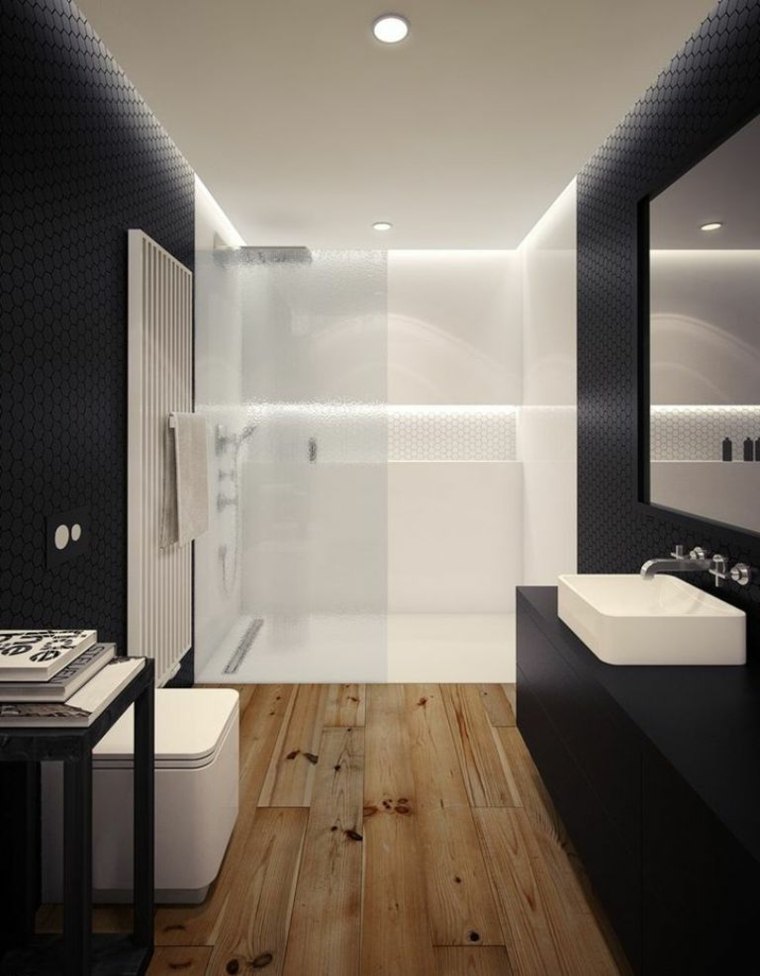 salle de bain noire blanche bois design idée