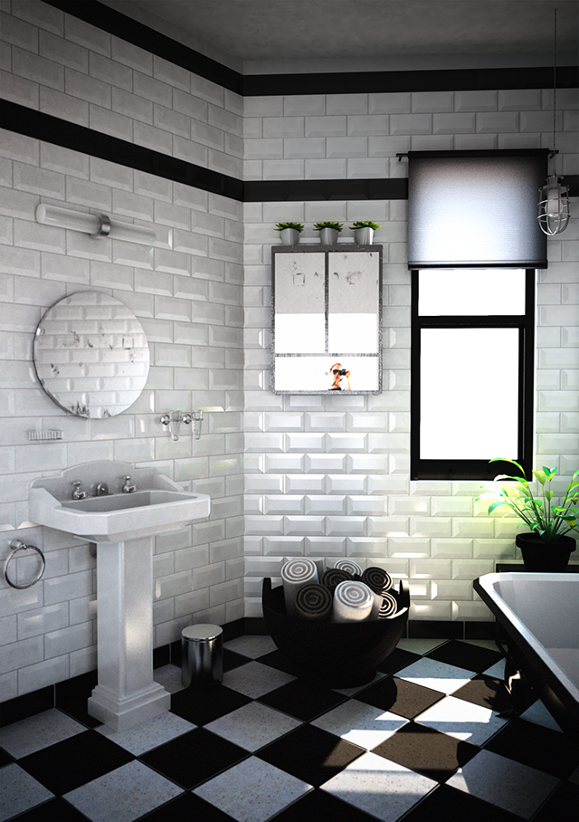 carrelage mural salle de bain idée carrelage noir et blanc design déco plante 