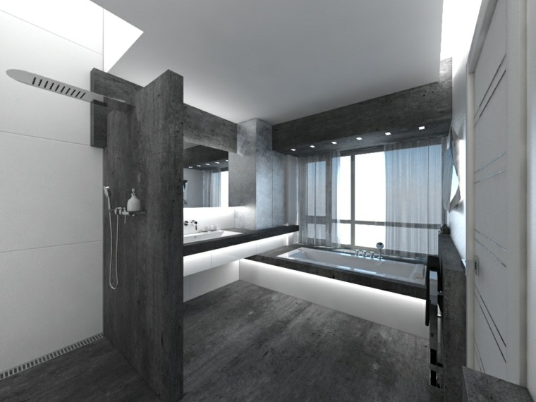 salle de bain grise béton design douche cabine baignoire