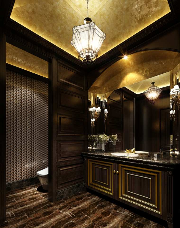 salle de bain doré design moderne bois marron