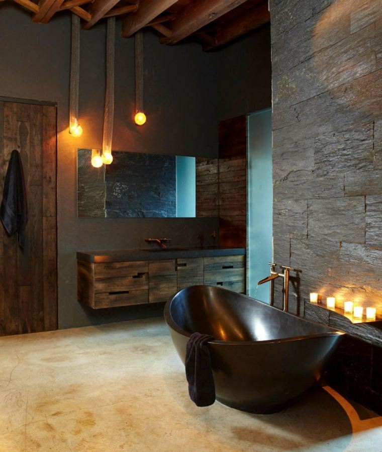 salle de bain intérieur chaleureux bois bougie déco mur 