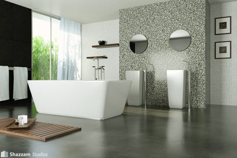 sol béton ciré idée gris naturel style industriel salle de bain miroir ronds