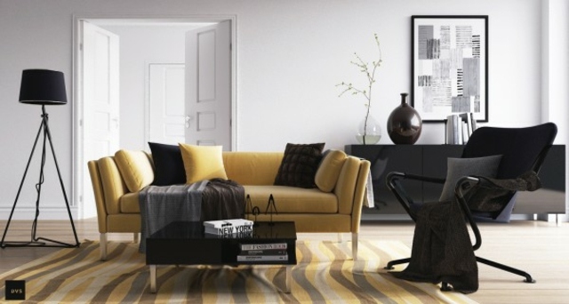 canapé jaune design intérieur moderne tapis de sol cadre déco mur