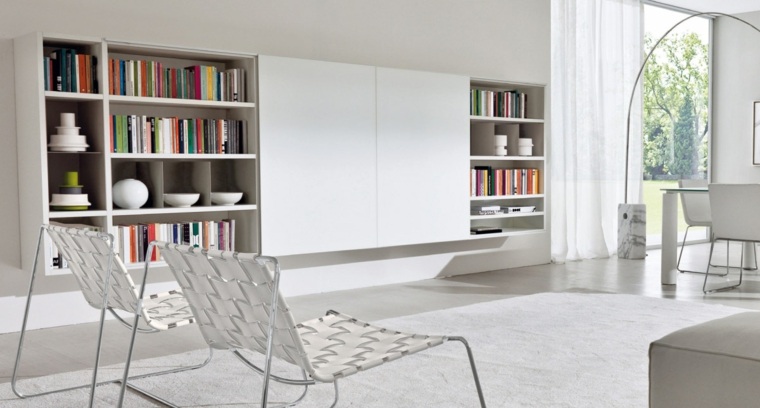bibliothèque blanche design idée aménagement salon tapis de sol blanc fauteuil 