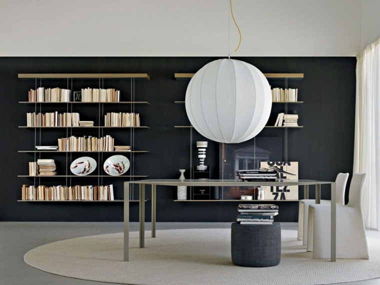 bibliothèque murale bois acier design meuble rangements livre luminaire suspension design tapis de sol gris table salon
