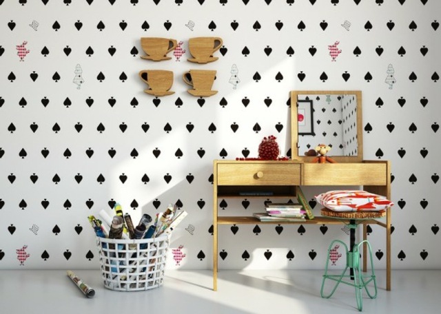 papier peint chambre enfant noir et blanc bois déco mur bureau idée rangement miroir cadre bois design chaise