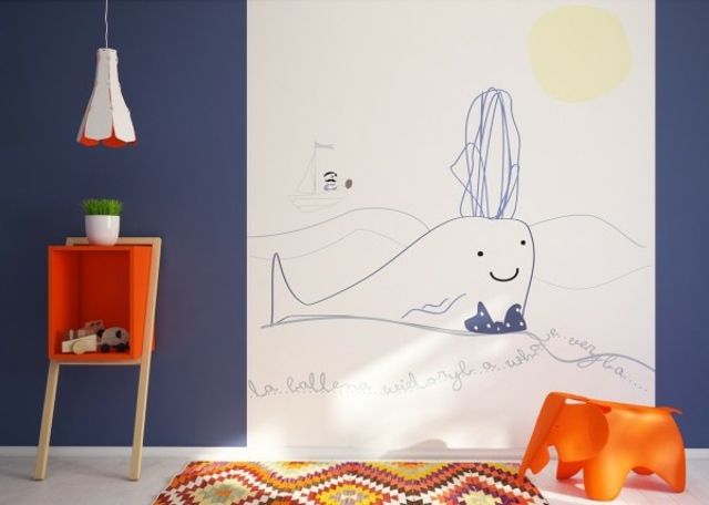 chambre enfant design bleue orange lampe suspension dessin déco tapis 
