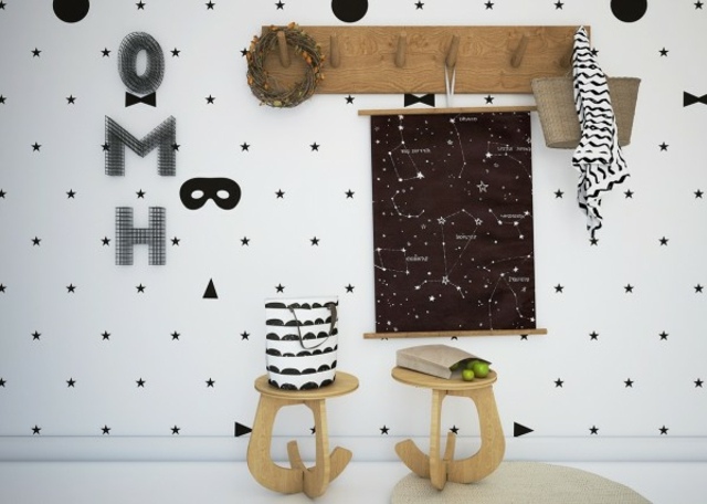 chambre enfant moderne design papier peint noir et blanc original bois mur déco bois 