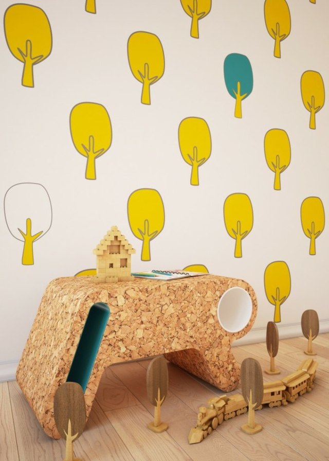 chambre enfant déco idée papier peint blanc jaune meuble original design enfant 