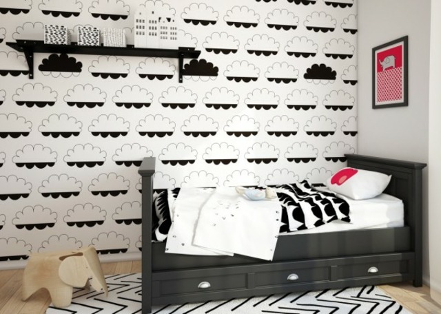 chambre enfant noir et blanc lit déco idée aménagement cadre déco mur 