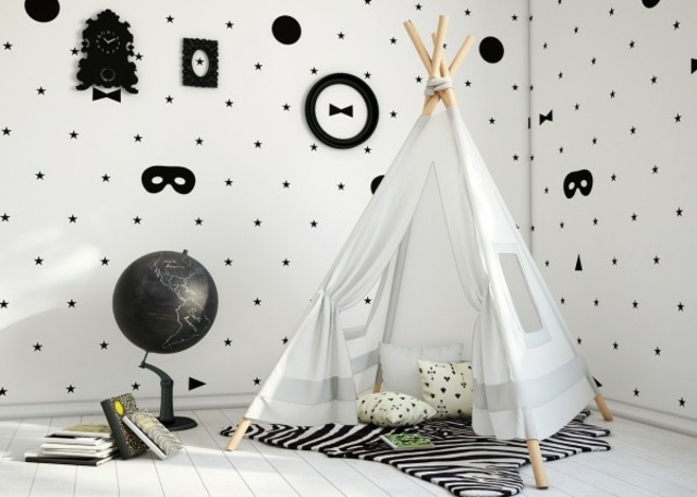 chambre enfant design idée déco papier noir et blanc moderne tente enfant idée 