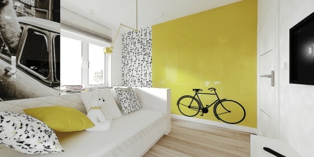 chambre enfant design lit canapé déco mur jaune luminaire suspension design coussins idée 