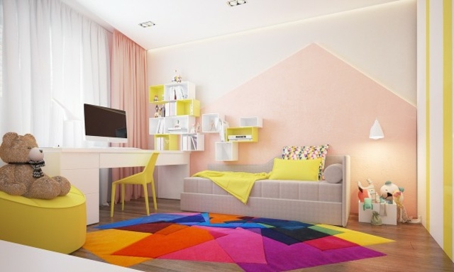 chambre enfant design moderne idée tapis de sol moderne lit enfant idée bureau déco pouf jaune 