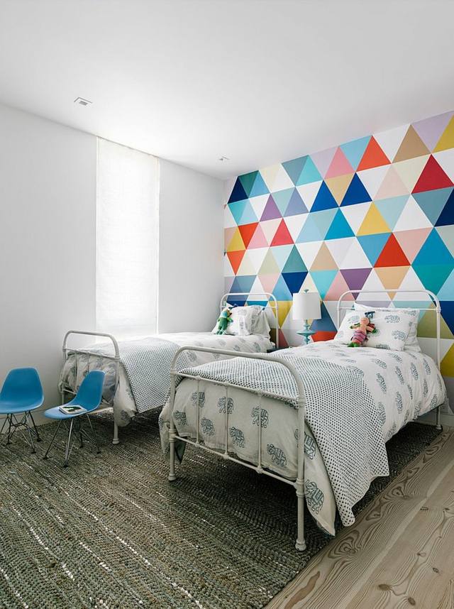 chambre double lit enfant idée déco mur papier peint 