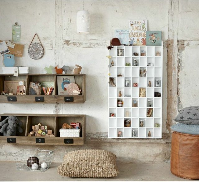 chambre enfant style contemporain design idée meuble en bois pouf étagère déco 