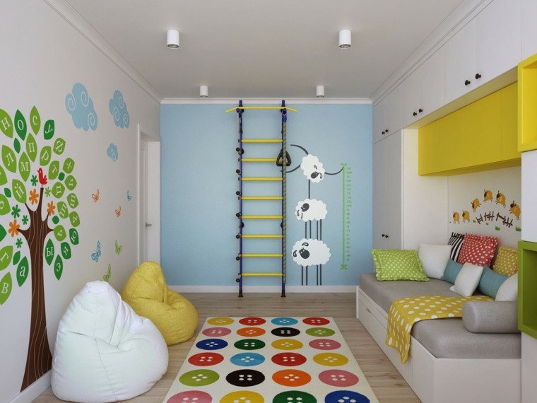 chambre enfant design scandinave idée pouf tapis de sol lit déco idée 