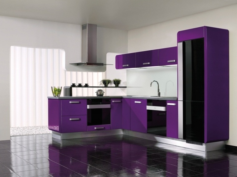 cuisine violette idée couleur aubergine carrelage noir cuisine 