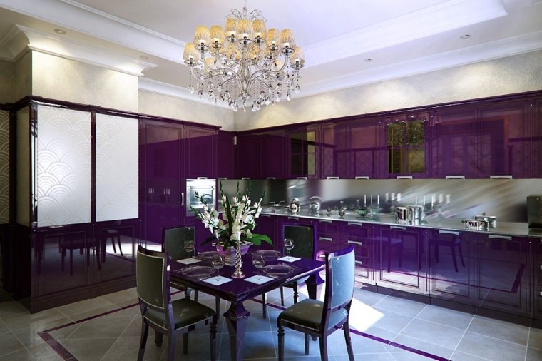 cuisine élégante design violette luminaire suspension table
