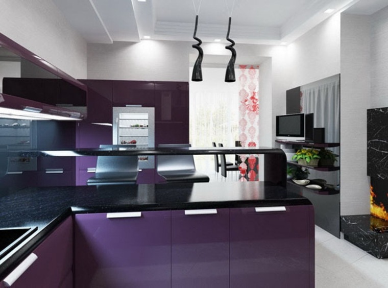 cuisine moderne aménagement idée noir violet design luminaire suspension