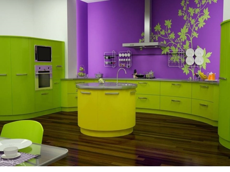 cuisine moderne design couleur violet citron vert parquet 