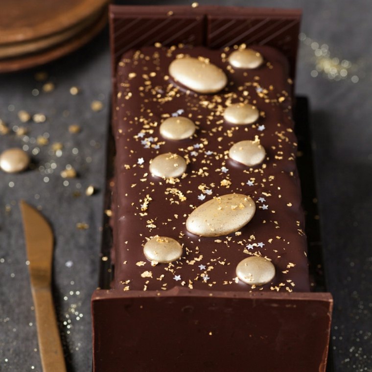 bûche de noël chocolat déco original pierre or 