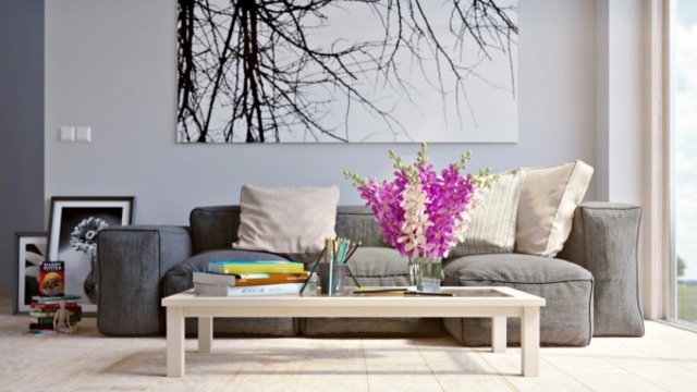 déco salon moderne design tableau idée fleurs canapé gris table basse bois 