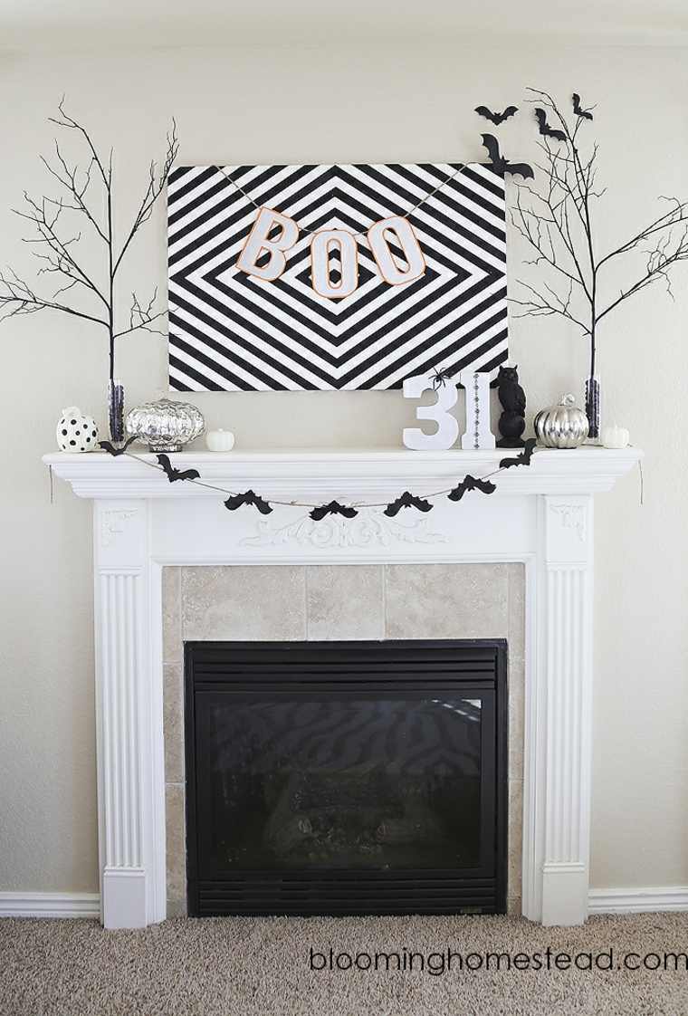 décoration halloween style minimaliste tableau cadre noir et blanc guirlande chauve-souris