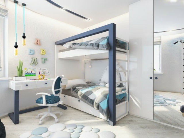 chambre enfant design idée aménagement lit mezzanine tapis de sol bureau bois blanc luminaire suspension