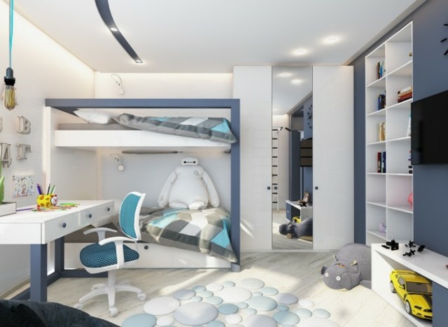 chambre enfant design idée lit mezzanine tapis de sol peluche bureau blanc bleu bureau 