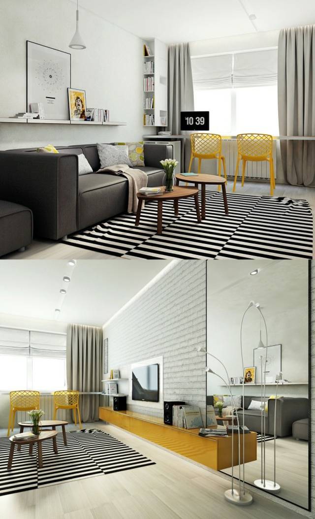 design scandinave moderne canapé noir luminaire suspendu tapis de sol motifs géométrique chaise jaune