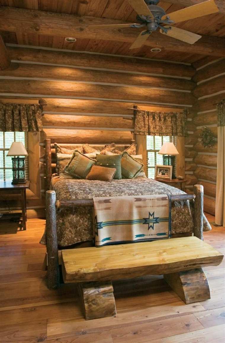 chambre style campagne rustique lit banc en bois design idée 