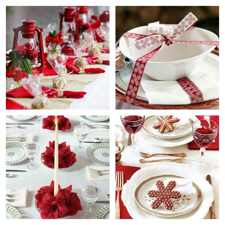 image décoration table Noël en rouge et blanc