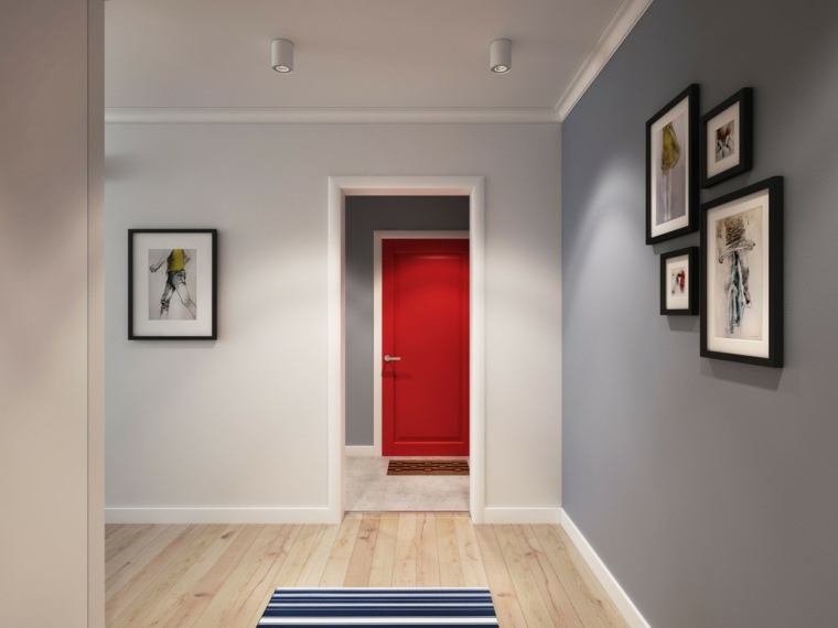 intérieur appartement moderne déco mur cadres composition porte rouge scandinave design style