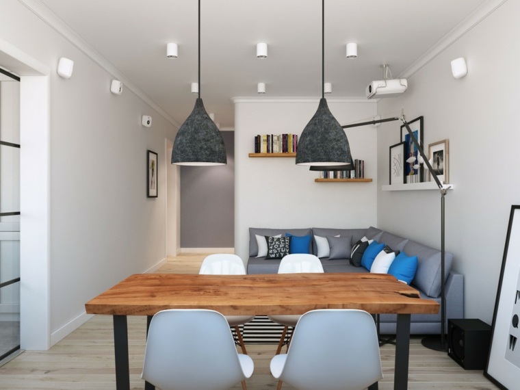 intérieur appartement moderne style scandinave table en bois luminaire suspendu canapé d'angle coussins 