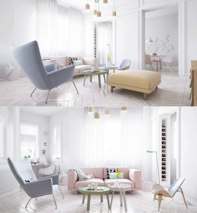 décoration minimaliste salon moderne aménagement idée fauteuil pouf 