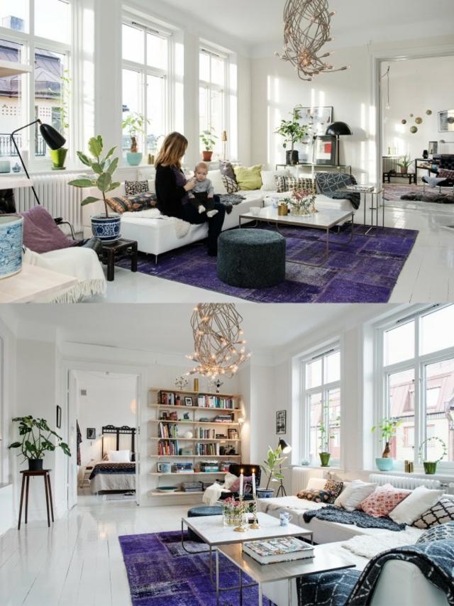 intérieur design moderne canapé blanc tapis de sol violet table basse bois 
