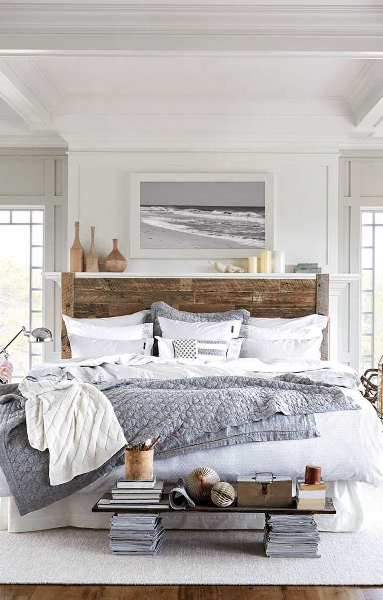 style campagne chic lit déco mur coussins idée style minimaliste tapis de sol gris