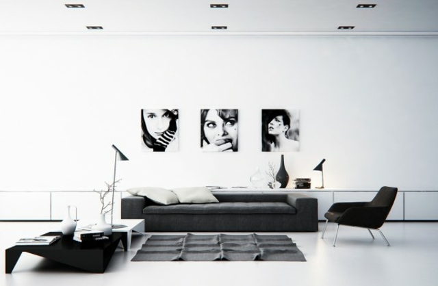 design nordique moderne idée déco mur canapé noir coussin blanc