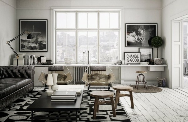 intérieur moderne tapis de sol noir et blanc déco tableau idée table en bois fauteuil cuir 