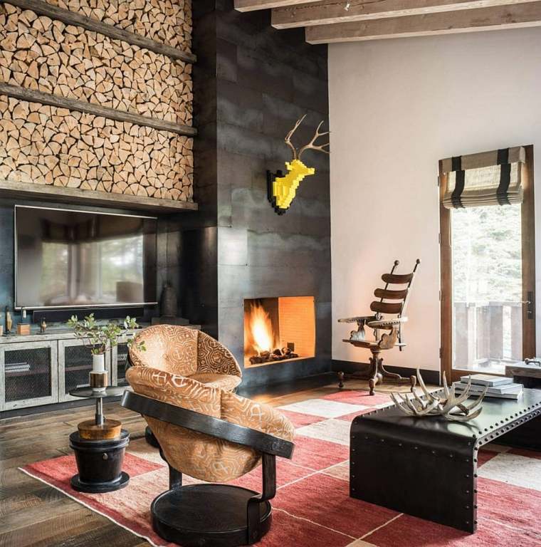 maison chalet design le salon fauteuil moderne tapis de sol rouge déco mur chaise en bois 