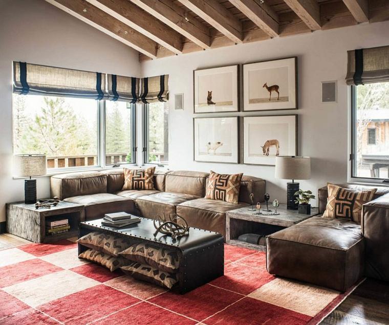 maison chalet design le salon canapé cuir table basse tapis de sol rouge tahoe retreat antonio martins 